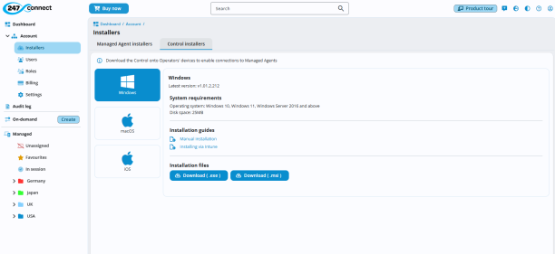 Installers page Control Installers tab with Windows selected. Displaying version info, system requirements (Windows 10, 11, Server 2016 and above, 25MB disk space), and installation guides for manual installation or using Intune. Installation files are available via the Microsoft Store or as .exe and .msi downloads. 